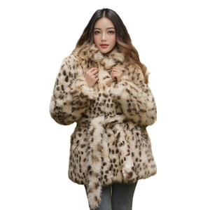 Women's leopard faux fur coat with belted waist and classic lapel for autumn and winter