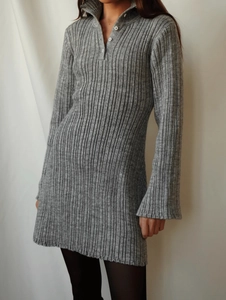 Langarm Strick Mini Kleid Gerippt Baumwolle Eng Anliegend Polo Kragen Knöpfe Einfarbig Lässig Sexy Damen