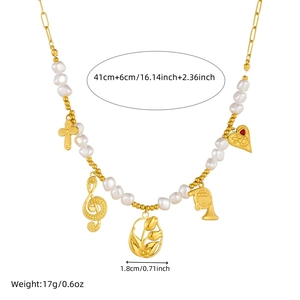 Gold plated stainless steel beaded necklace with pearl and music note pendants