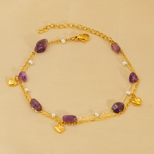 Double-layer gold chain anklet with purple natural stones, white pearls and heart pendants