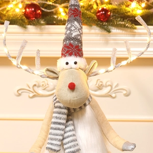 Christmas reindeer plush doll with LED antlers and a cozy red knitted hat decoration
