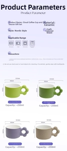 Detailed size chart for cloud-handle ceramic coffee mugs in various pastel glazes