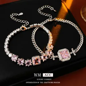Square Pink Zircon Copper Bracelet Silver Toned Luxury Fashion Rhombus Geometric Crystal Jewelry For Women Adjustable Chain