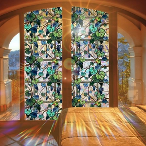 Rainbow vine static window film with grape pattern creating stained glass light effects