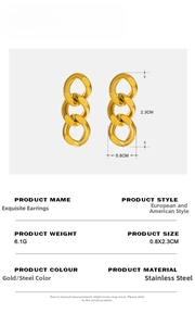 Detailed view of 18K gold plated stainless steel Cuban link earrings with size measurements
