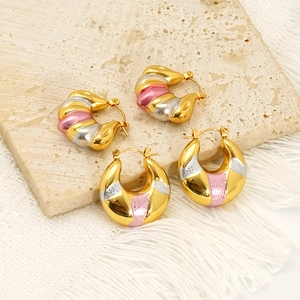 Three-tone gold silver and pink titanium steel C-shape chunky hoop earrings for women