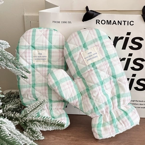 Gants d'hiver matelassés à carreaux rose et vert avec doublure chaude en coton épais