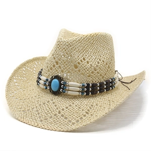 Vintage hollow-out straw western cowboy hat with turquoise ethnic beaded band and curved brim