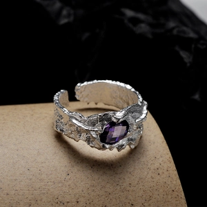 Irregular S925 sterling silver ring with molten texture and purple gemstone inlay