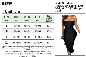 Detailed size guide table for strapless bodycon dress with knit fabric measurements