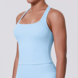 Detail of light blue racerback sports bra with high-elasticity and quick-dry fabric texture