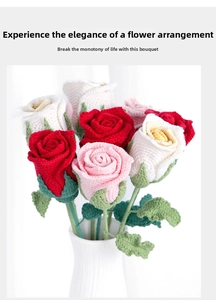 Detailed close-up of handmade crochet rose bouquet in a white vase with fine knit texture