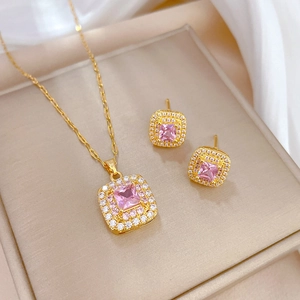 Elegant titanium steel jewelry set featuring pink square zircon necklace and earrings