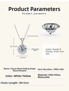 Detailed specs of S925 silver moissanite necklace with 8mm D-VVS1 round pendant