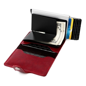 Red leather RFID blocking wallet with silver aluminum pop-up card holder and money clip