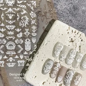 White embossed bohemian lace nail stickers with floral patterns for Japanese manicure