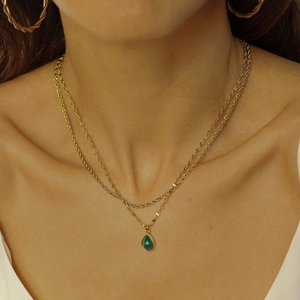 Detail of double-layer golden necklace with a green waterdrop natural stone pendant