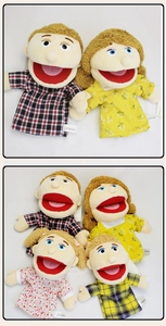 Detailed plush family hand puppets set featuring a couple and kids in colorful outfits