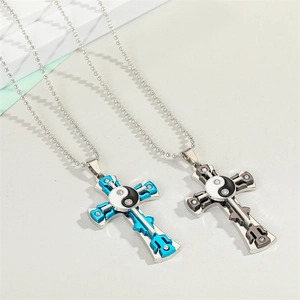 Cross Pendant Necklace Yin Yang Bagua Stainless Steel Alloy Zircon Rhinestone Retro Punk Jewelry For Men