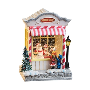 LED lighted Christmas candy shop music box with Santa Claus and children figures