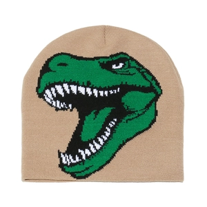 Close-up of khaki beanie featuring a green jacquard knitted dinosaur pattern