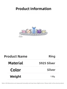 Detailed view of S925 silver ring with 1.66g weight and colorful rectangular zircon stones