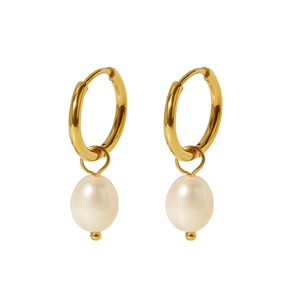 French vintage 18K gold plated hoop earrings with natural freshwater pearl drops