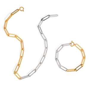Two-tone gold and silver stainless steel paperclip chain necklace and bracelet set
