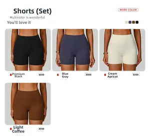 Gros plan sur un short de yoga taille haute en noir, bleu-gris, crème et café