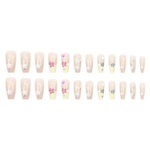 French star glitter press-on nails 24pcs set with rhinestones in coffin shape