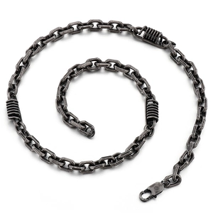 Vintage stainless steel biker necklace with rectangular links and spring ring accents