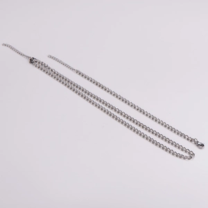 Silver metal O-chain necklace with adjustable lobster clasp on white background