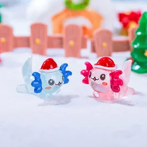 Luminous Christmas axolotl figurines in pink and blue with red hats for micro landscapes