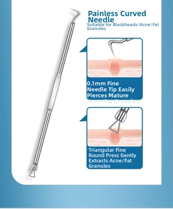 Dual-head stainless steel blemish tool with 0.1mm curved needle and triangular loop
