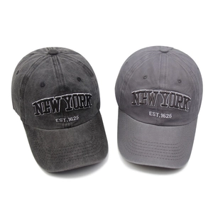 Vintage washed cotton baseball caps with New York 3D embroidery in black and grey