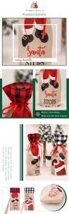 Linen Christmas wine bottle bag with Santa chimney print and festive plaid drawstring detail