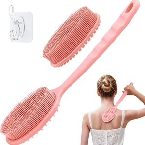 Pink silicone bath brush with long handle, detachable head, and hook for back scrubbing