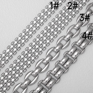 Macro shot of four silver stainless steel chain styles for DIY jewelry making and bracelets
