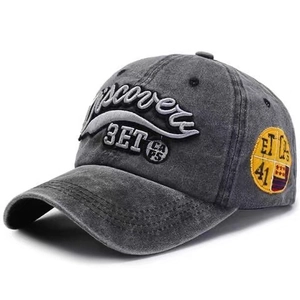 Distressed grey washed cotton baseball cap with 3D embroidery and side patches