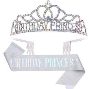Close-up of silver glitter birthday princess sash and rhinestone tiara set