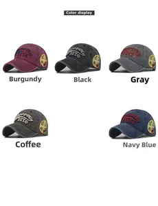 Detail view of washed cotton baseball caps with 3ET embroidery in five various colors