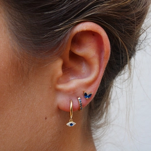 S925 silver evil eye gold hoop earrings set with blue crystal leaf stud on woman ear