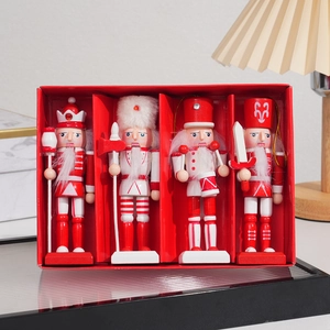 Set of four 13cm wooden nutcracker soldiers in a red gift box for Christmas decor