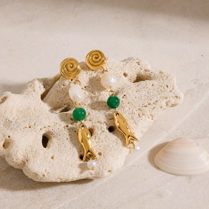 Elegant stainless steel gold pearl earrings with green beads and fish pendant