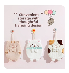 Detailed view of three cute cat-shaped hand towels with hanging loops and soft coral fleece