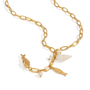 Detail of gold chain necklace with koi fish, natural pearl and seashell pendants