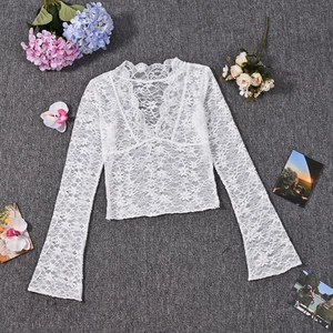 Detail of white lace long sleeve top featuring deep V-neckline and intricate floral texture