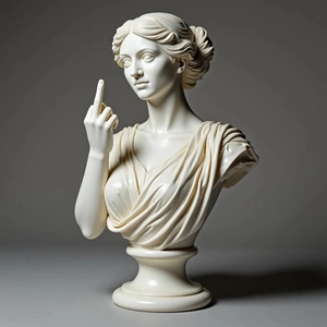 Macro shot of a white resin Goddess statue making a funny gesture with detailed fabric folds