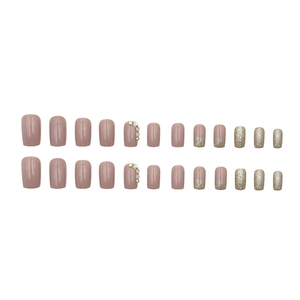 24-piece press-on nails set with nude pink, glitter gradients, and rhinestones