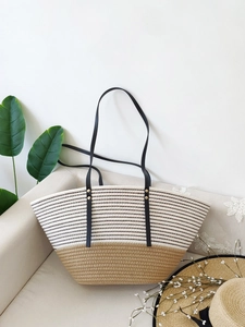 Large capacity woven tote bag with striped pattern and PU leather straps for summer beach